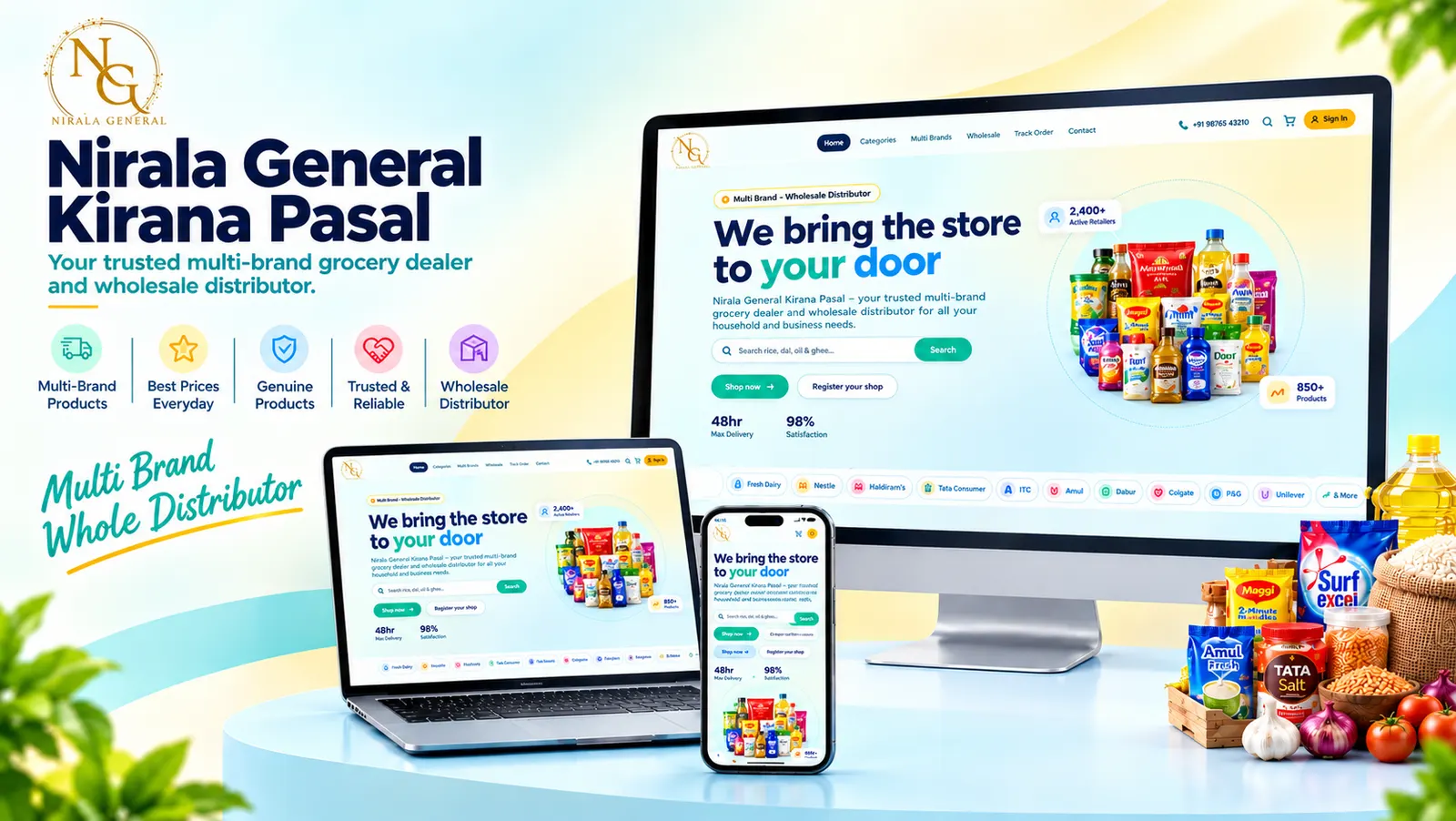 Grocery e-commerce website shown on a desktop, laptop and phone