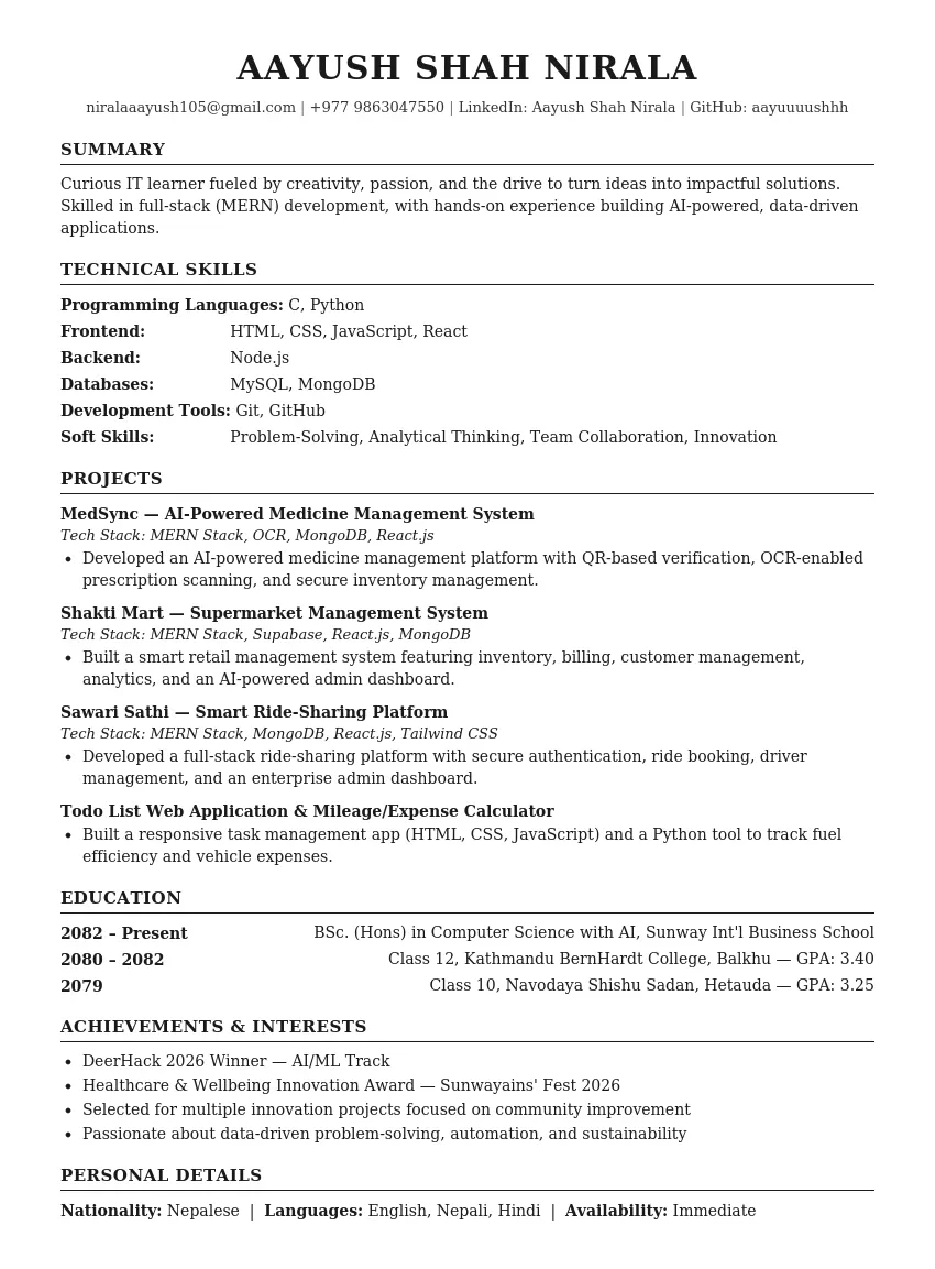 Preview of the first page of Aayush Shah Nirala’s résumé
